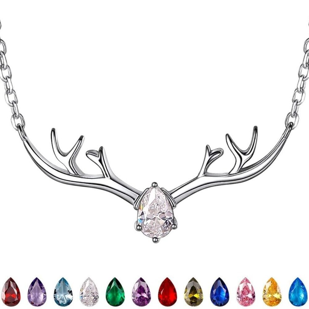 925 Sterling Silver Necklace/Antler Deer Necklace,Adjustable Silver Birthstone N